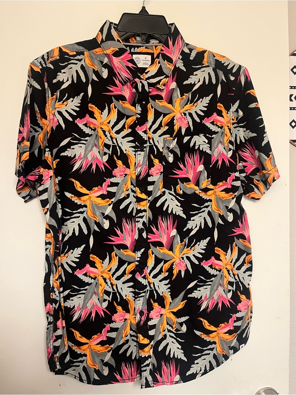Hurley Black Short-Sleeve Button-Down with Pink & Orange Floral Print